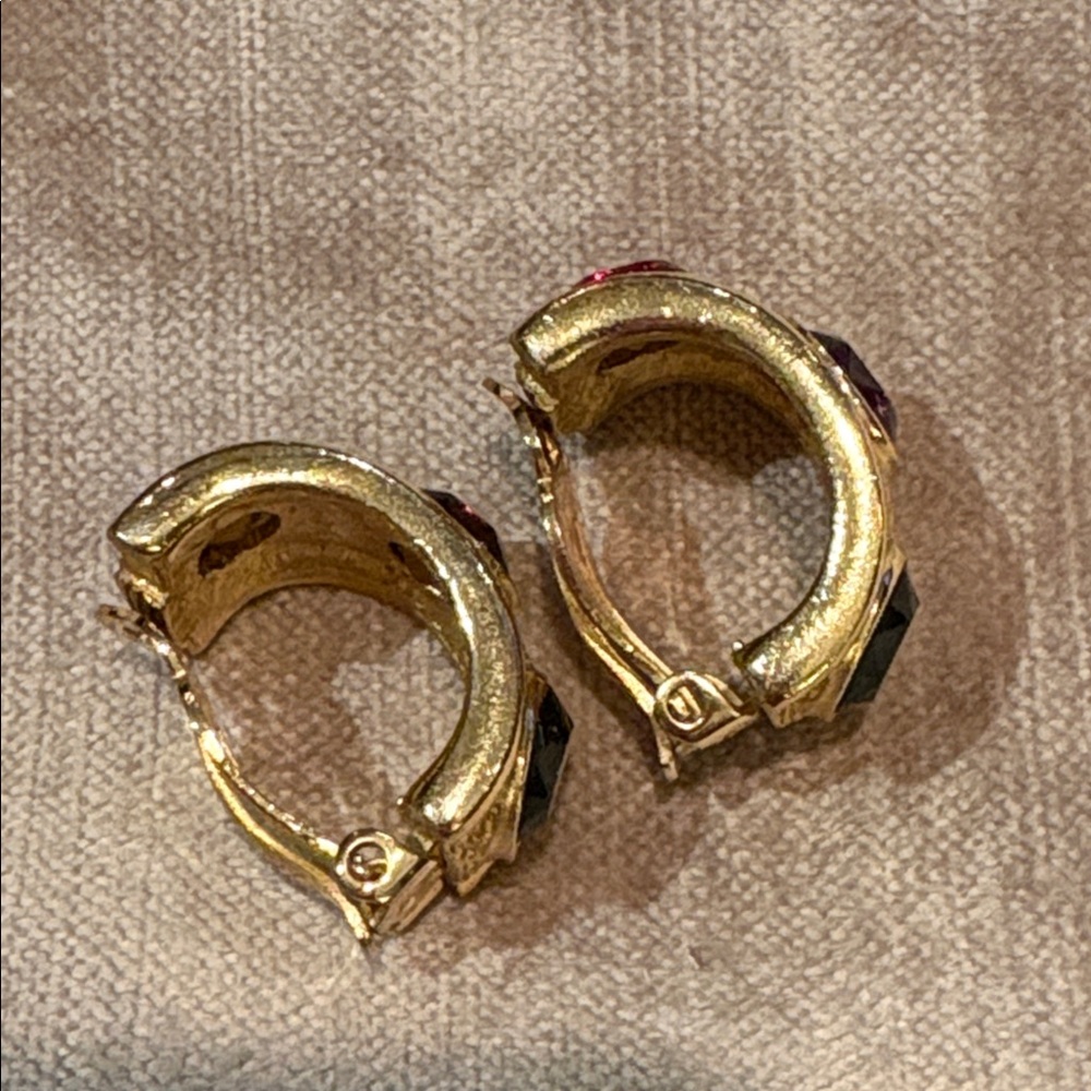 Givenchy Gold Plated Blue Purple Red Rhinestone Half Hoop Clip On Earrings - Picture 9 of 11